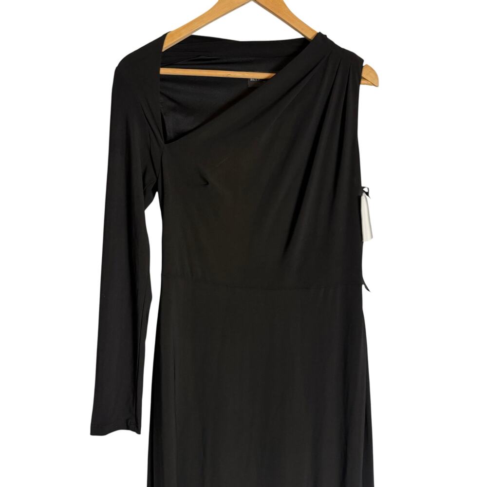 Betsy & Adam Black Asymmetrical Neck One Sleeve Long Slit Evening Gown Size 10 - Picture 4 of 10